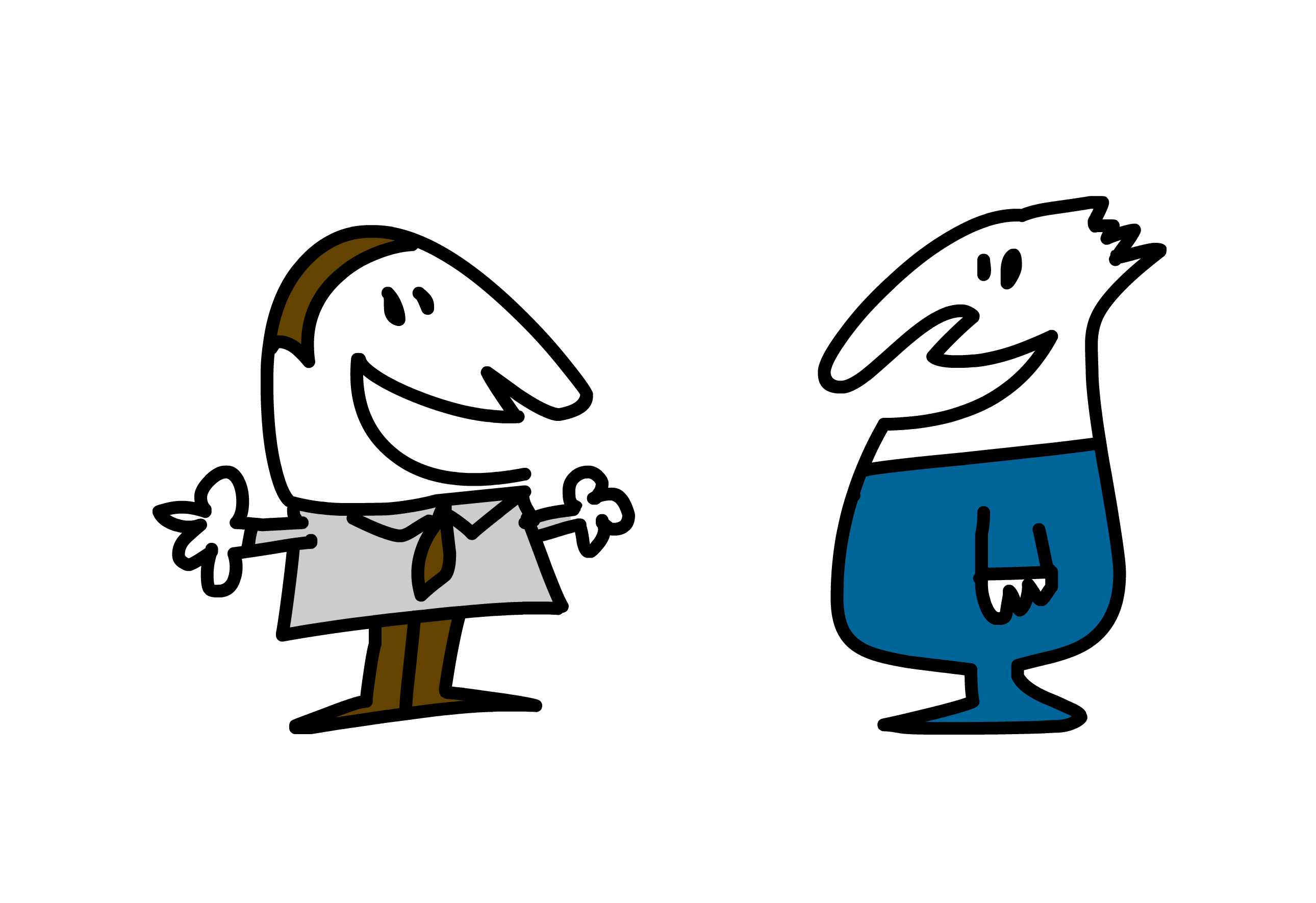 Cartoon image of guy with tie chatting to another guy in onesie.